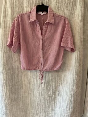 Striped Tie Front Crop Top Red White Santorini Style Button Front Size M